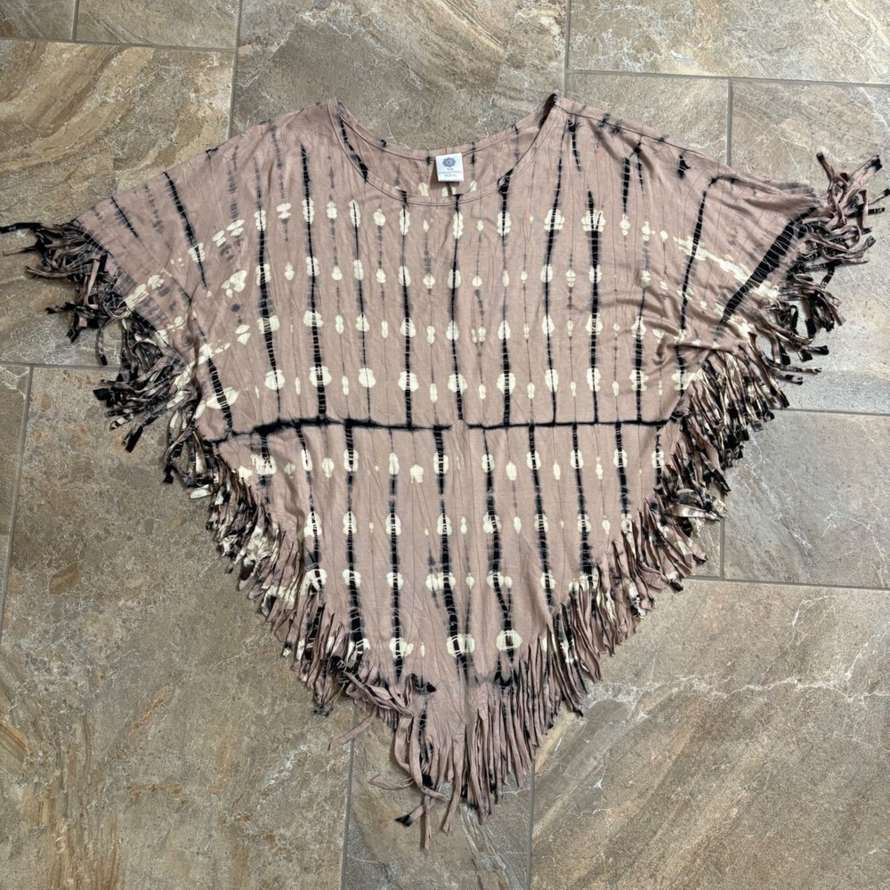 The Collection Royal Tie Dye Fringe Poncho Top Mauve Boho Shibori One Size - Picture 2 of 6